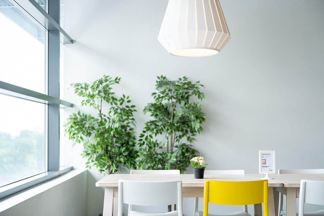 ikea, table, dining, chair, lamp, plant, natural, lifestyle, life, live, living, nature, room, restaurant, simple, white